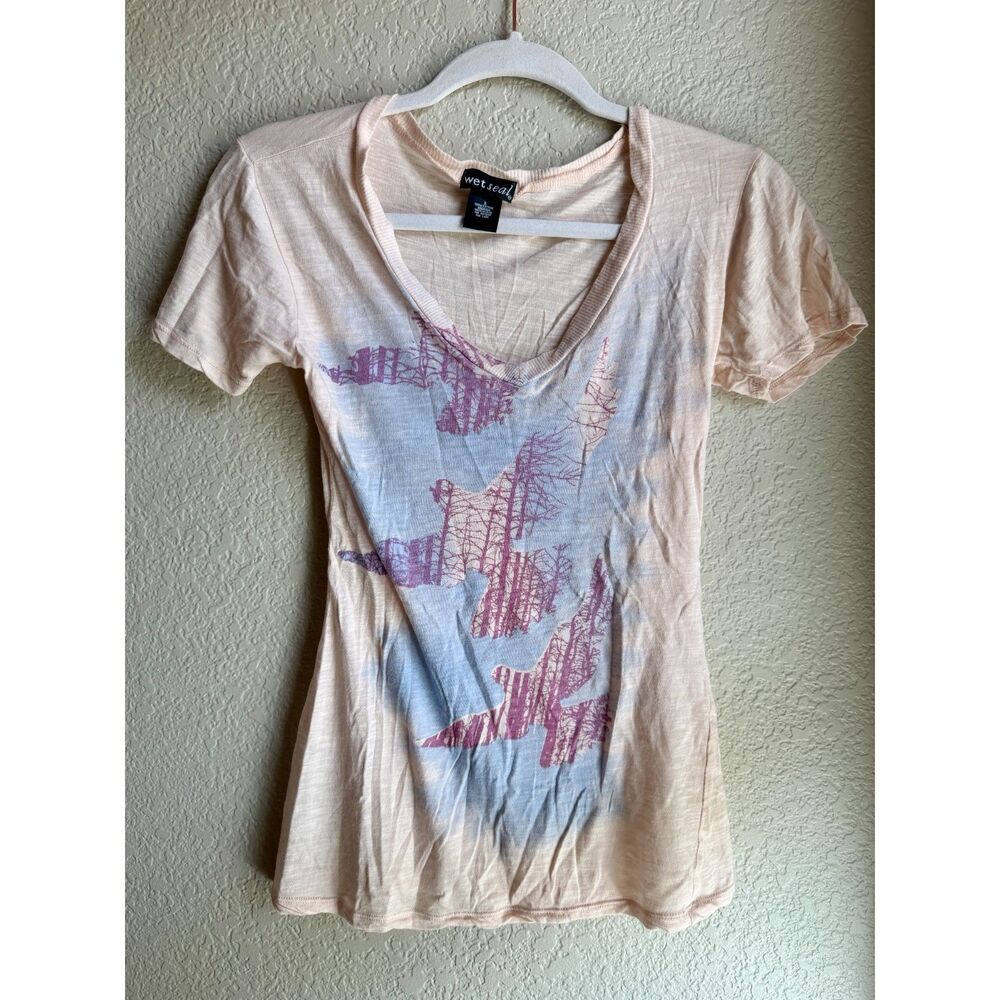 Wet Seal Bird Graphic V Neck T Shirt Small Cotton Modal 2000s Y2K Style